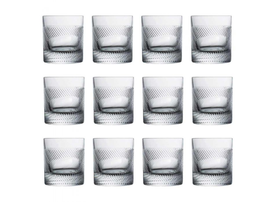 12 copos de uísque ou água em eco cristal decorado com design vintage - tátil