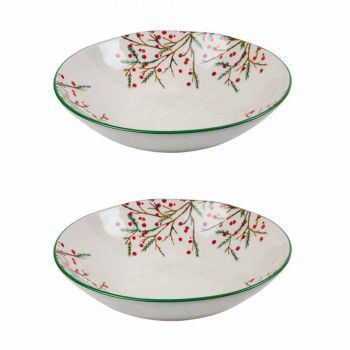 2 saladeiras com enfeites de Natal em travessas de porcelana - vassoura de açougueiro