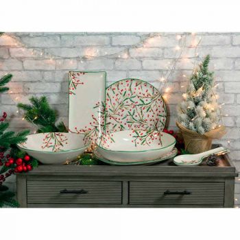 2 saladeiras com enfeites de Natal em travessas de porcelana - vassoura de açougueiro