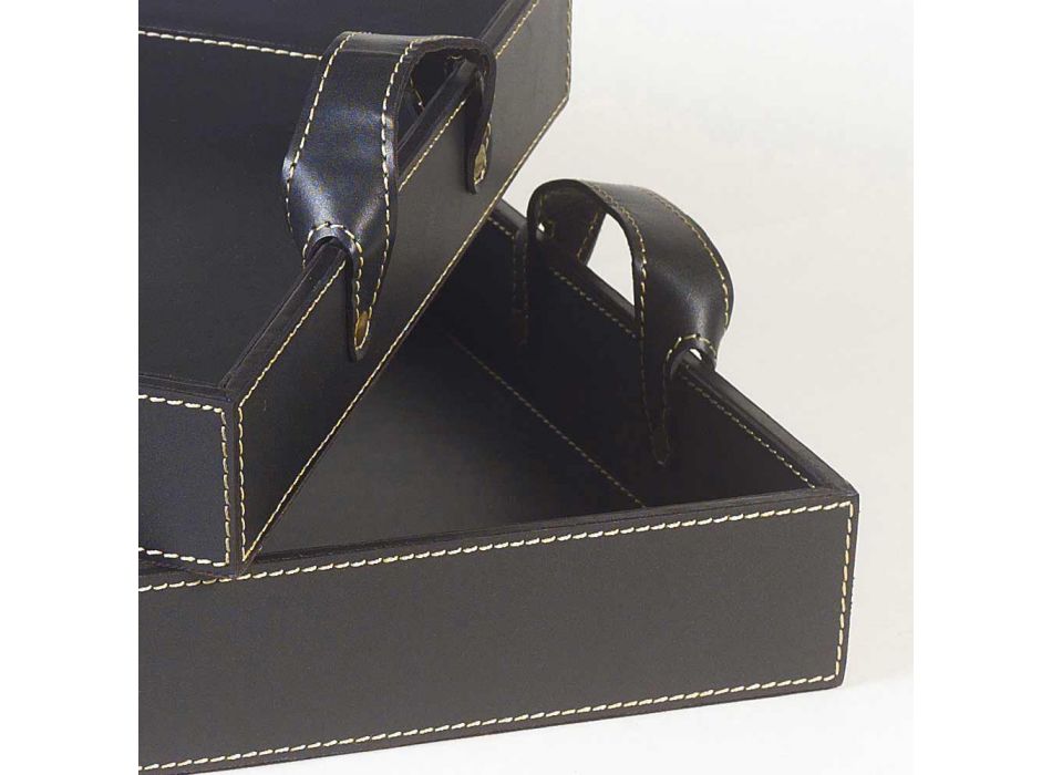 2 bandejas de design em couro preto 41x28x5cm e 45x32x6cm Anastasia