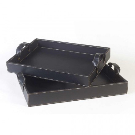 2 bandejas de design em couro preto 41x28x5cm e 45x32x6cm Anastasia Viadurini
