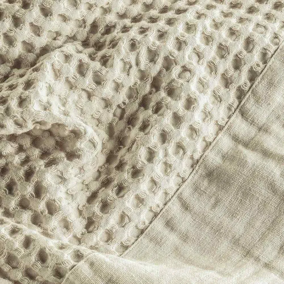 Roupão de banho com capuz em favo de mel de algodão e babado de linho - Plush Viadurini