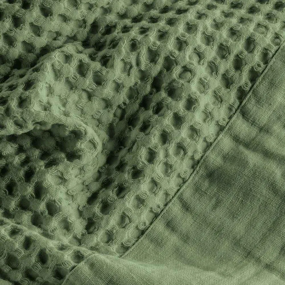 Roupão de banho com capuz em favo de mel de algodão e babado de linho - Plush Viadurini