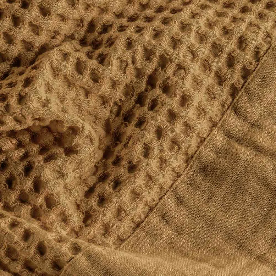 Roupão de banho com capuz em favo de mel de algodão e babado de linho - Plush Viadurini