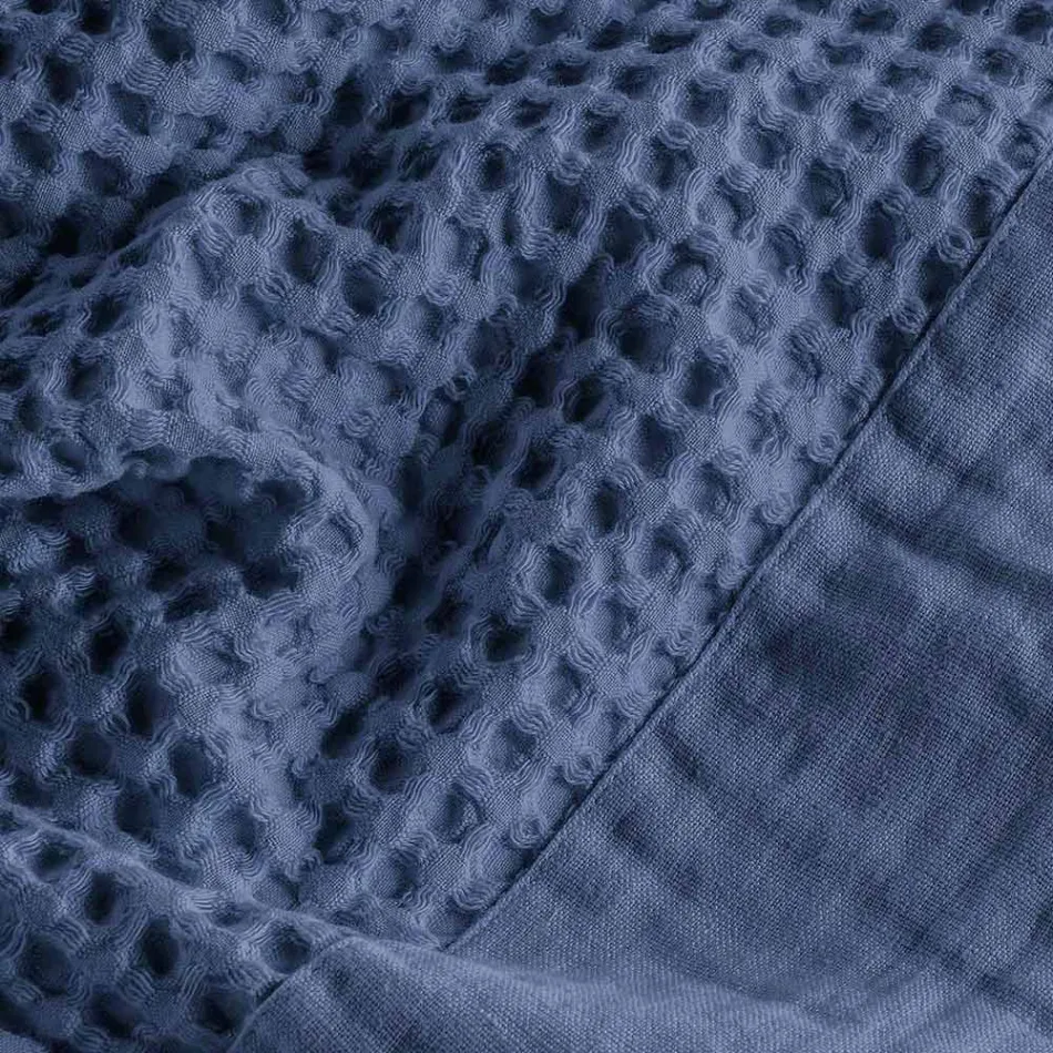 Roupão de banho com capuz em favo de mel de algodão e babado de linho - Plush Viadurini