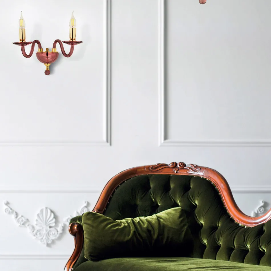 Candeeiro de parede clássico 2 luzes em vidro italiano artesanal e metal dourado - Oliver Viadurini