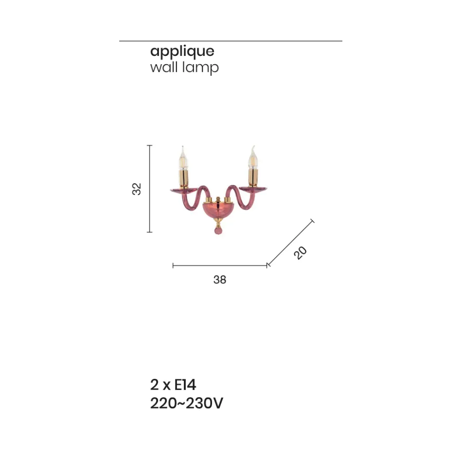 Candeeiro de parede clássico 2 luzes em vidro italiano artesanal e metal dourado - Oliver Viadurini