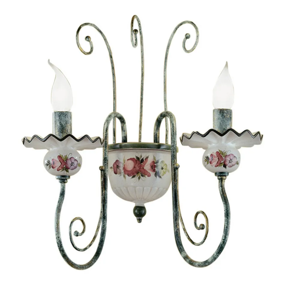 Candeeiro de Parede 2 Luzes em Cerâmica Decorada à Mão e Latão Antigo - Sanremo Viadurini