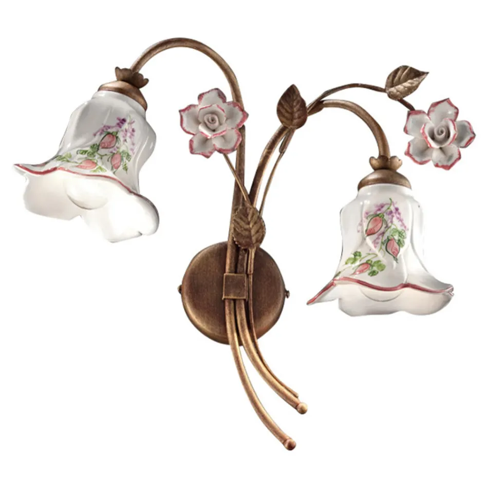 Luminária de Parede 2 Luzes em Metal e Cerâmica Decorada à Mão com Rosa - Pisa Viadurini