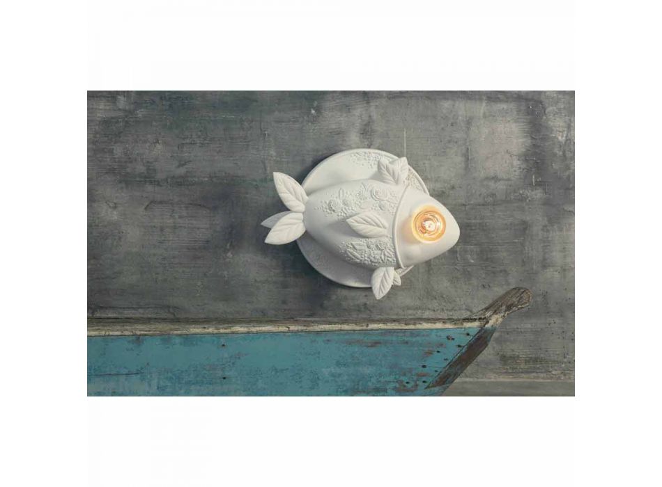 Arandela de Parede em Design de Cerâmica Branco Mate com Peixe Decorado - Peixe Viadurini