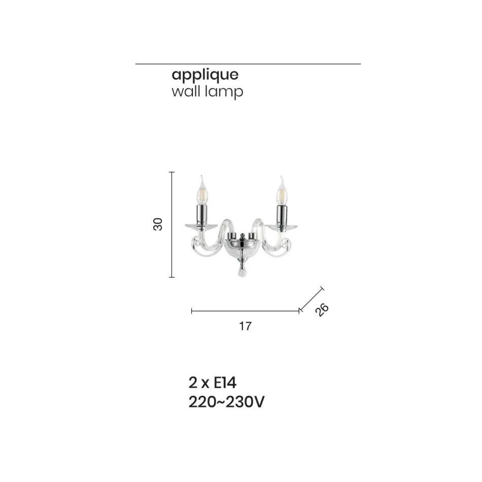 Candeeiro de parede clássico 2 luzes em vidro branco feito à mão na Itália - Malásia Viadurini