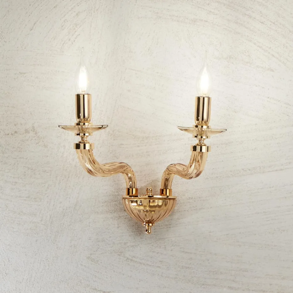 Candeeiro de Parede Clássico 2 Luzes em Vidro Rigaton Feito à Mão e Metal - Fievole Viadurini