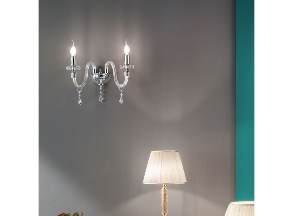 Candeeiro de parede de design clássico com 2 luzes em vidro cromado trabalhado à mão - Similo Viadurini