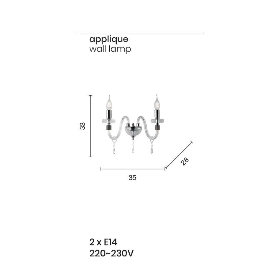 Candeeiro de parede de design clássico com 2 luzes em vidro cromado trabalhado à mão - Similo Viadurini