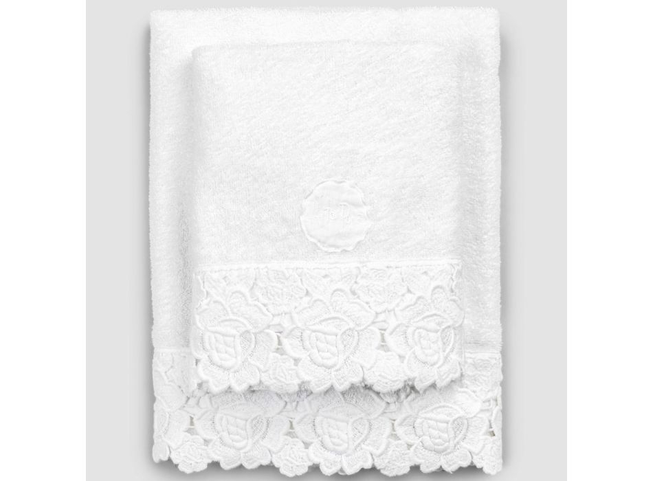 Toalhas felpudas de algodão branco com renda 2 peças de luxo italiano - casamentos Viadurini
