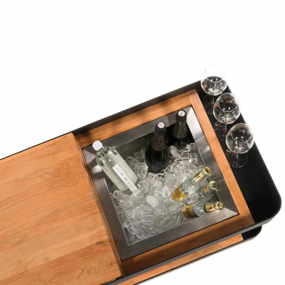 Design moderno de barra móvel sobre rodas com mesa de madeira e aço - Giancalliope Viadurini