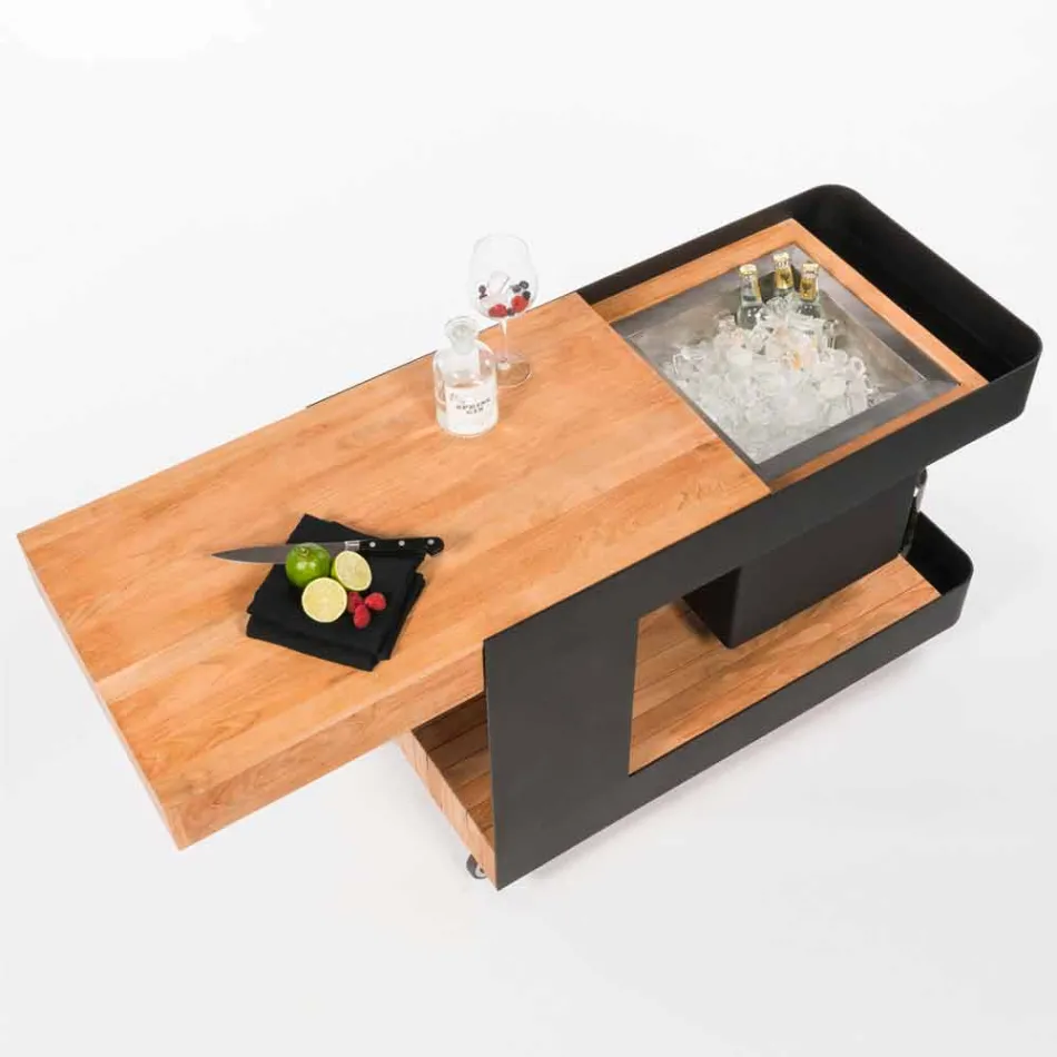 Design moderno de barra móvel sobre rodas com mesa de madeira e aço - Giancalliope Viadurini