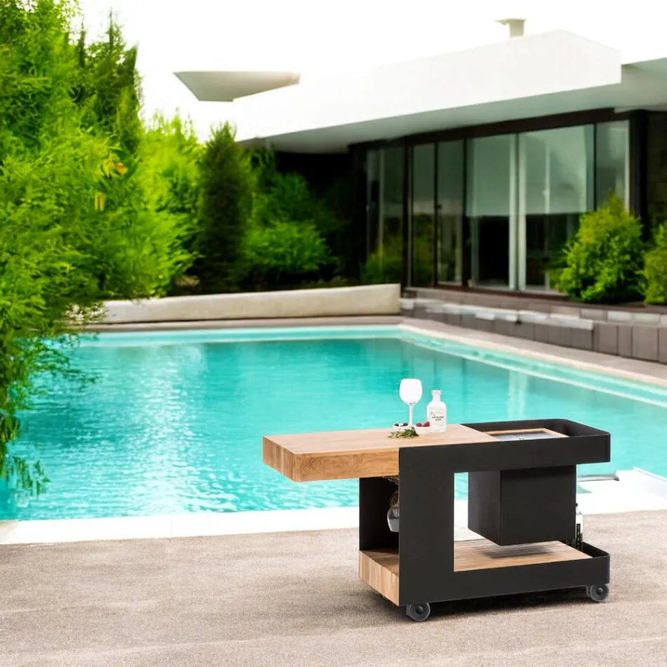 Design moderno de barra móvel sobre rodas com mesa de madeira e aço - Giancalliope Viadurini