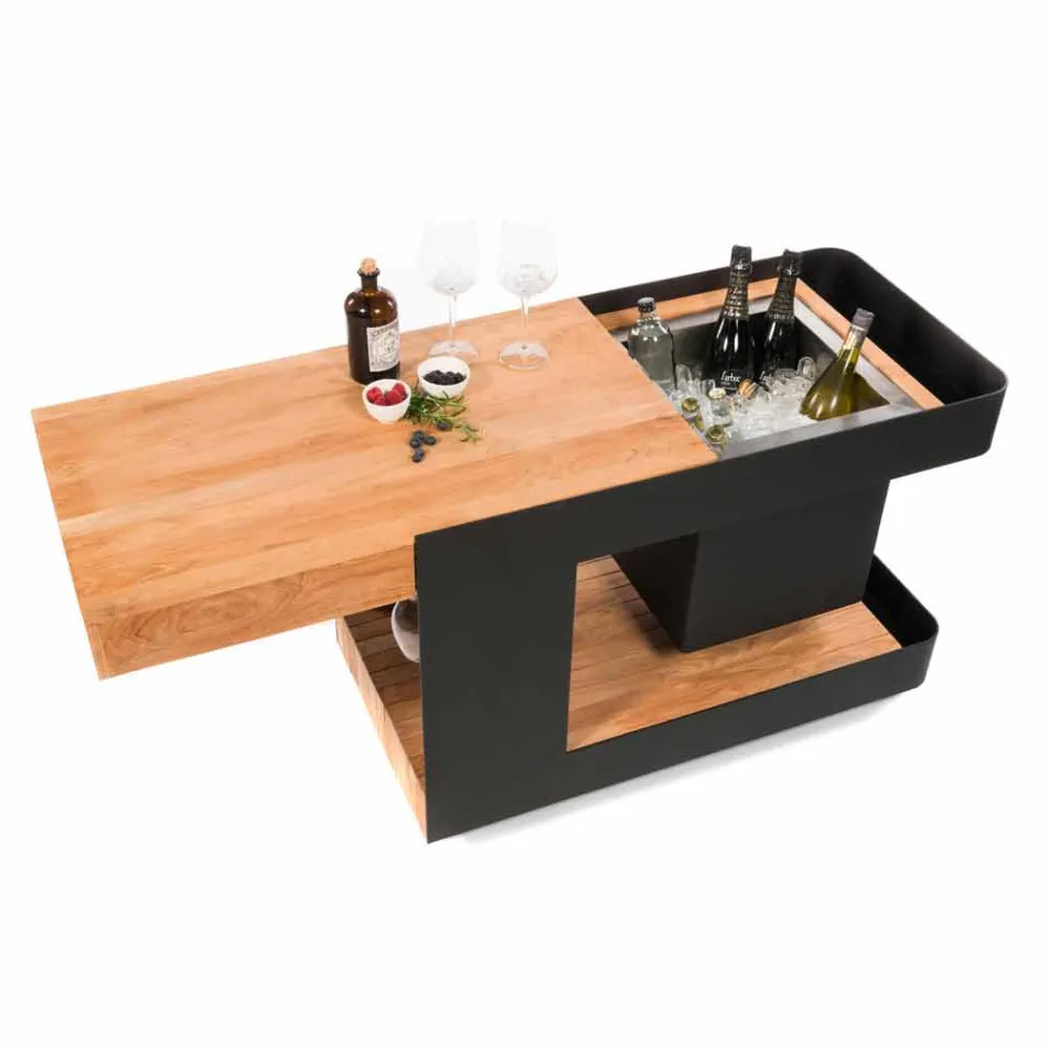 Design moderno de barra móvel sobre rodas com mesa de madeira e aço - Giancalliope Viadurini