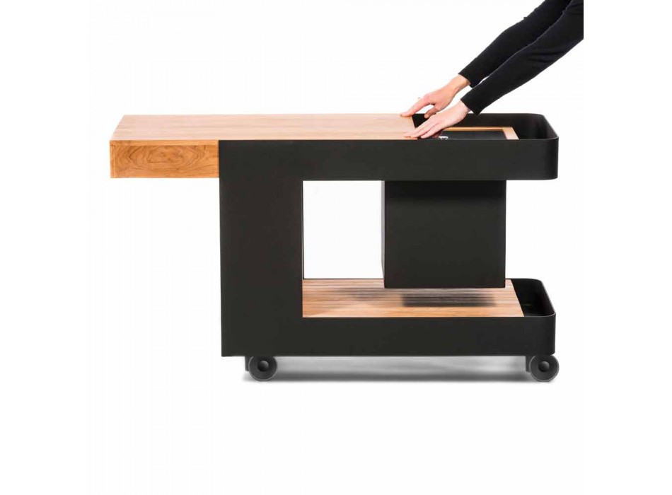 Design moderno de barra móvel sobre rodas com mesa de madeira e aço - Giancalliope Viadurini