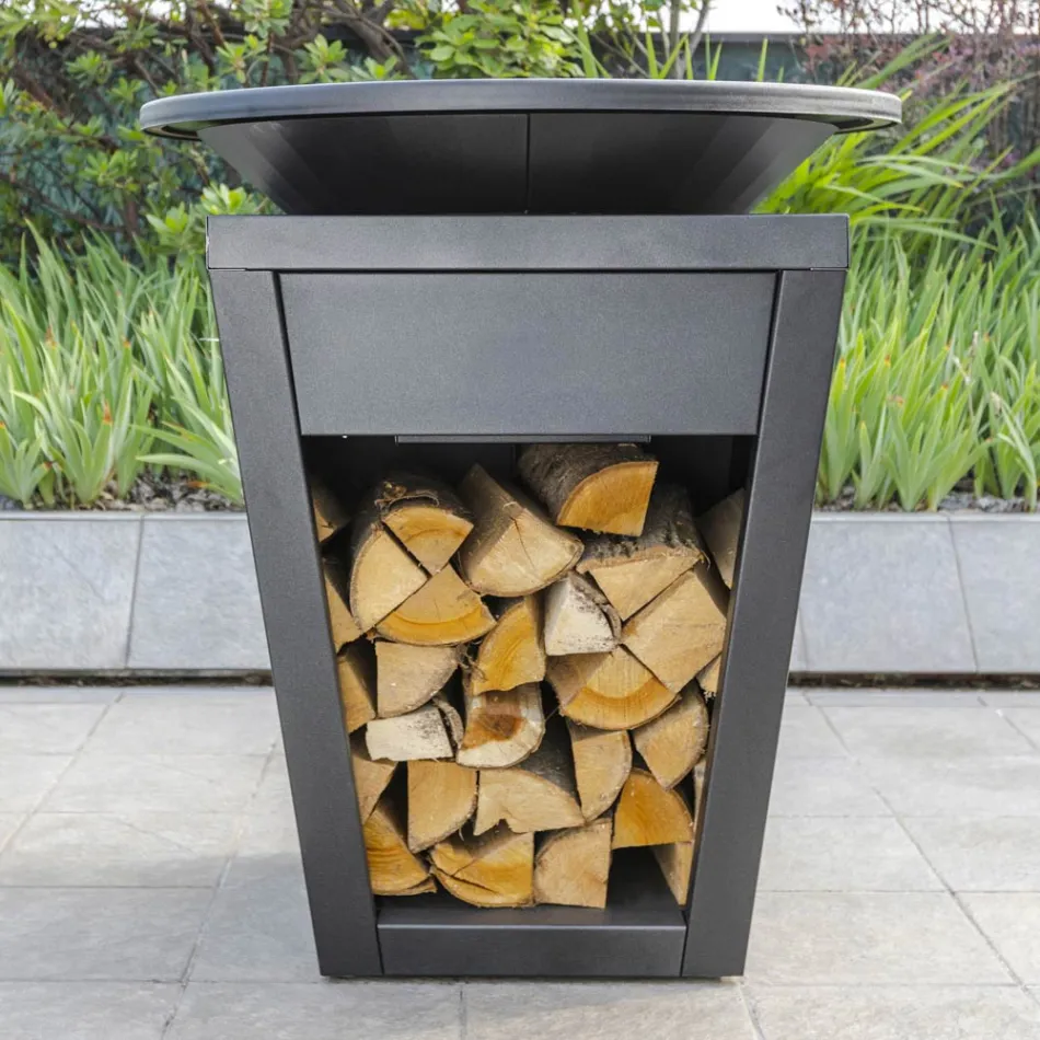 Churrasqueira a lenha com placa de cozinha e compartimento de madeira - Ferran Viadurini