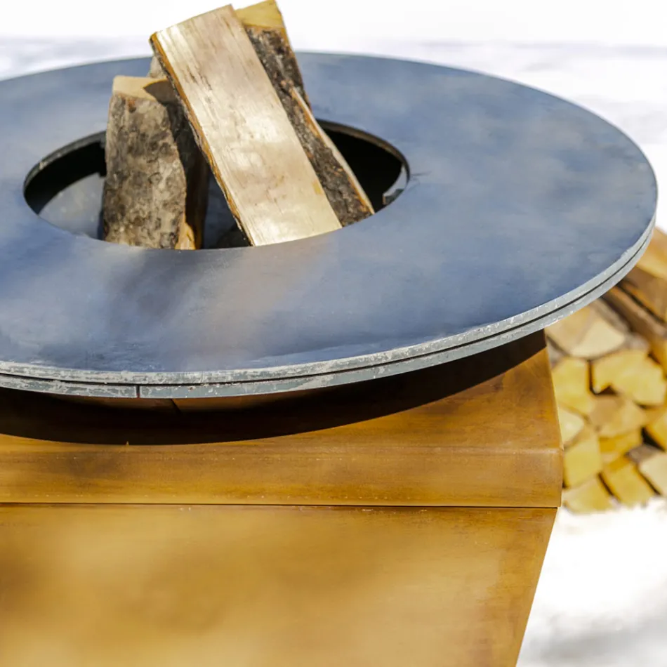 Churrasqueira a lenha com placa de cozinha e compartimento de madeira - Ferran Viadurini