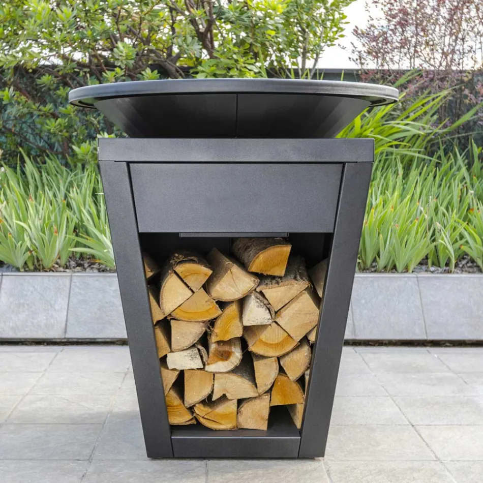 Churrasqueira a lenha com placa de cozinha e compartimento de madeira - Ferran Viadurini