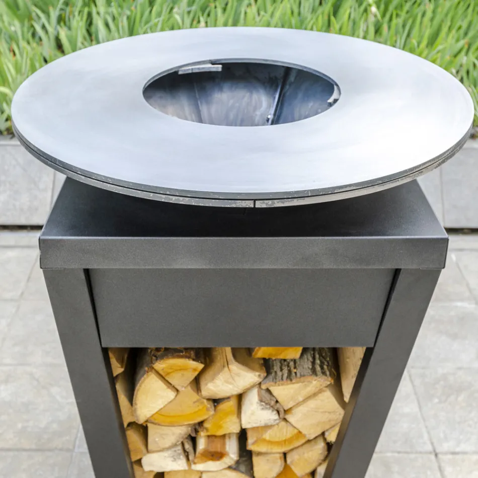 Churrasqueira a lenha com placa de cozinha e compartimento de madeira - Ferran Viadurini