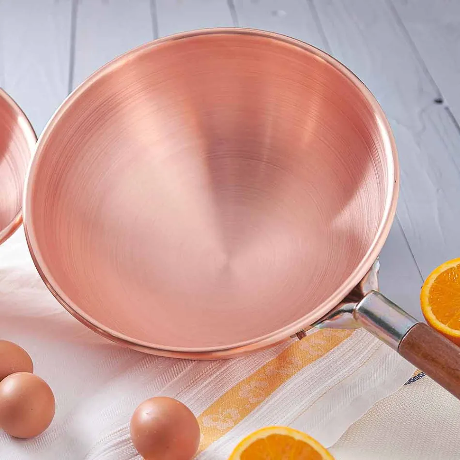 Bastardella de cobre estanhado à mão com cabo de madeira de 26 cm - Giampiero Viadurini