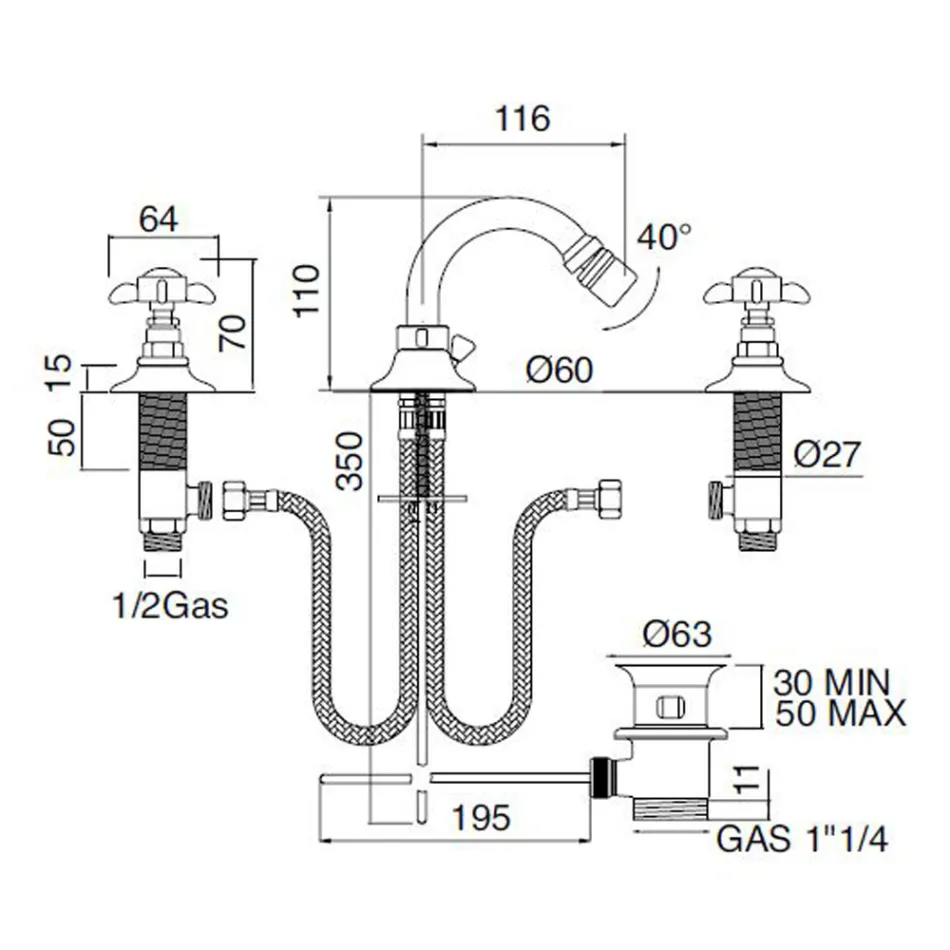 Misturador para bidê clássico com 3 furos em latão e alças borboleta - Miriano Viadurini