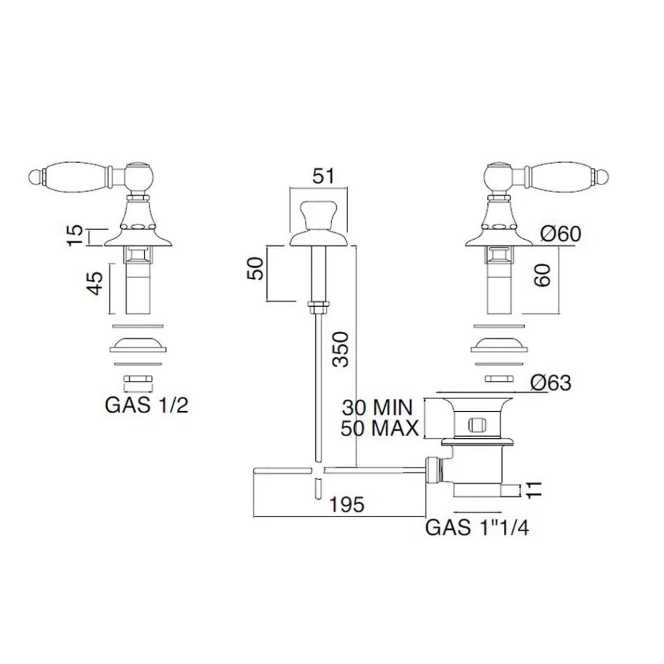 Misturador para bidê com 3 furos e entrega interna em latão Fabricado na Itália - Noriana Viadurini