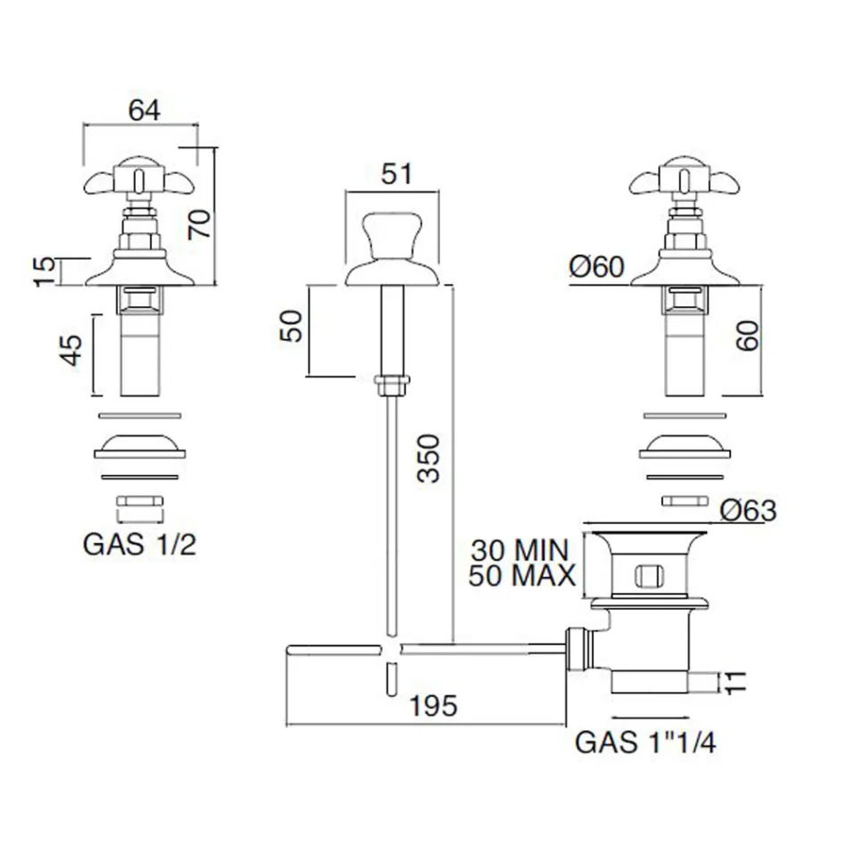 Misturador para bidê com 3 furos com entrega interna em latão e alças borboleta - Miriano Viadurini