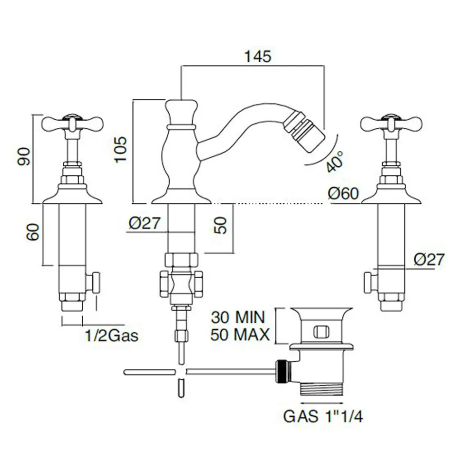 Misturador para bidê com 3 furos com resíduos clássicos de latão artesanal - Fioretta Viadurini