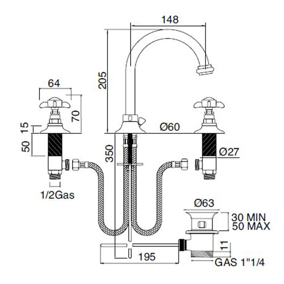 Misturador para Lavatório com 3 Furos com Bica Alta em Latão e Cabo Borboleta - Miriano Viadurini