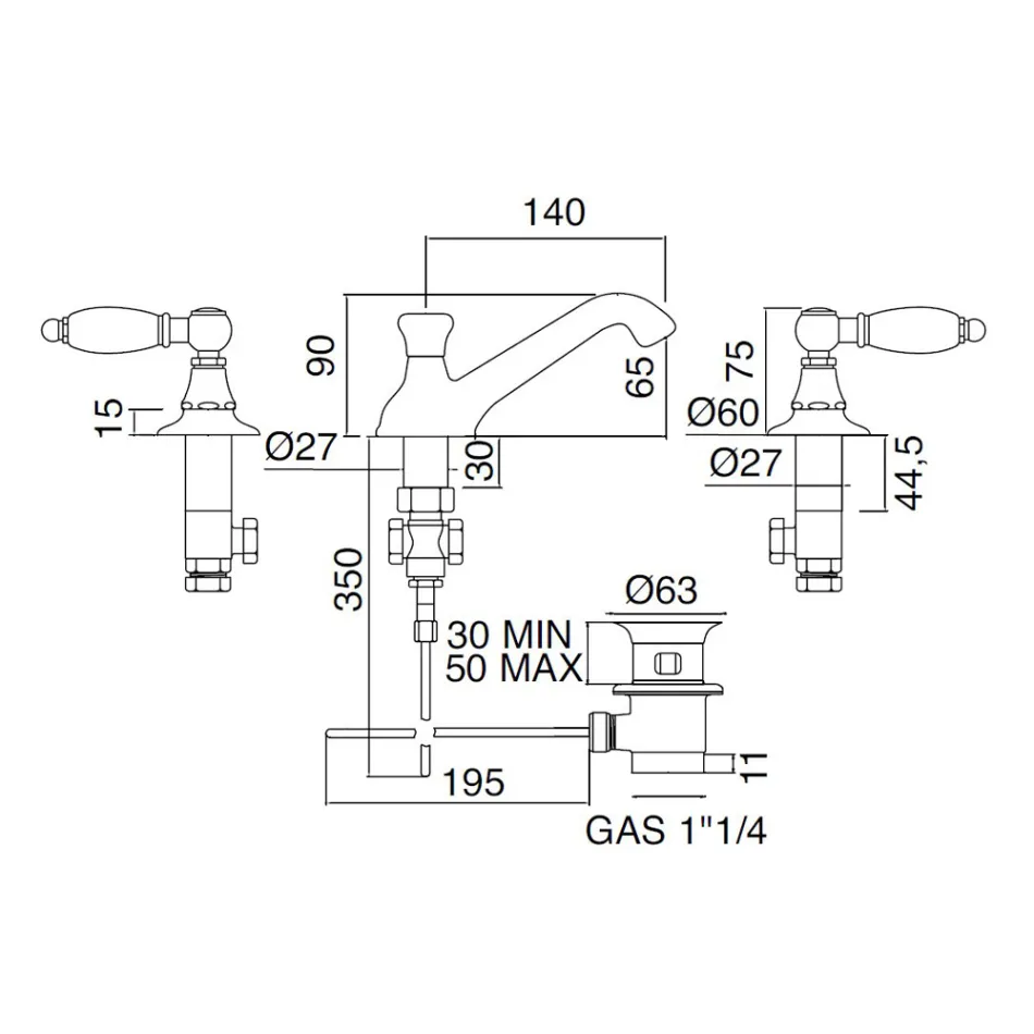 Misturador para lavatório com 3 furos com alavancas estilo clássico em latão artesanal - Noriana Viadurini