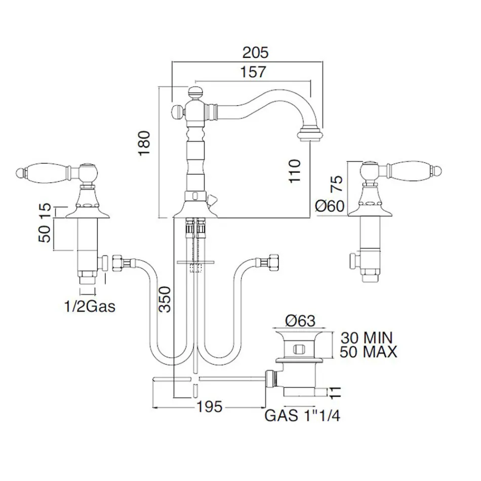 Misturador para lavatório com 3 furos e ralo de latão estilo clássico artesanal - Noriana Viadurini