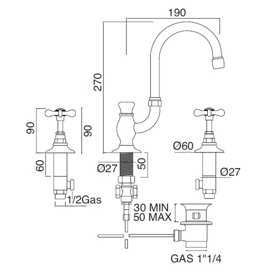 Misturador para lavatório com 3 furos e bico alto em latão clássico artesanal - Fioretta Viadurini