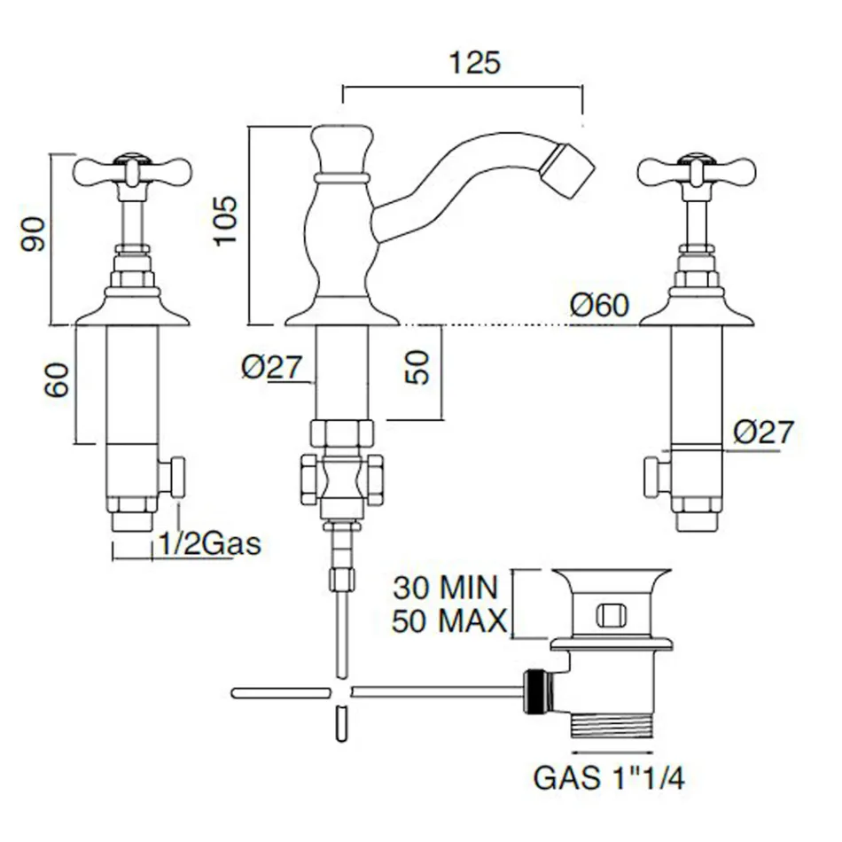 Misturador para lavatório com 3 furos e ralo clássico feito à mão em latão - Fioretta Viadurini