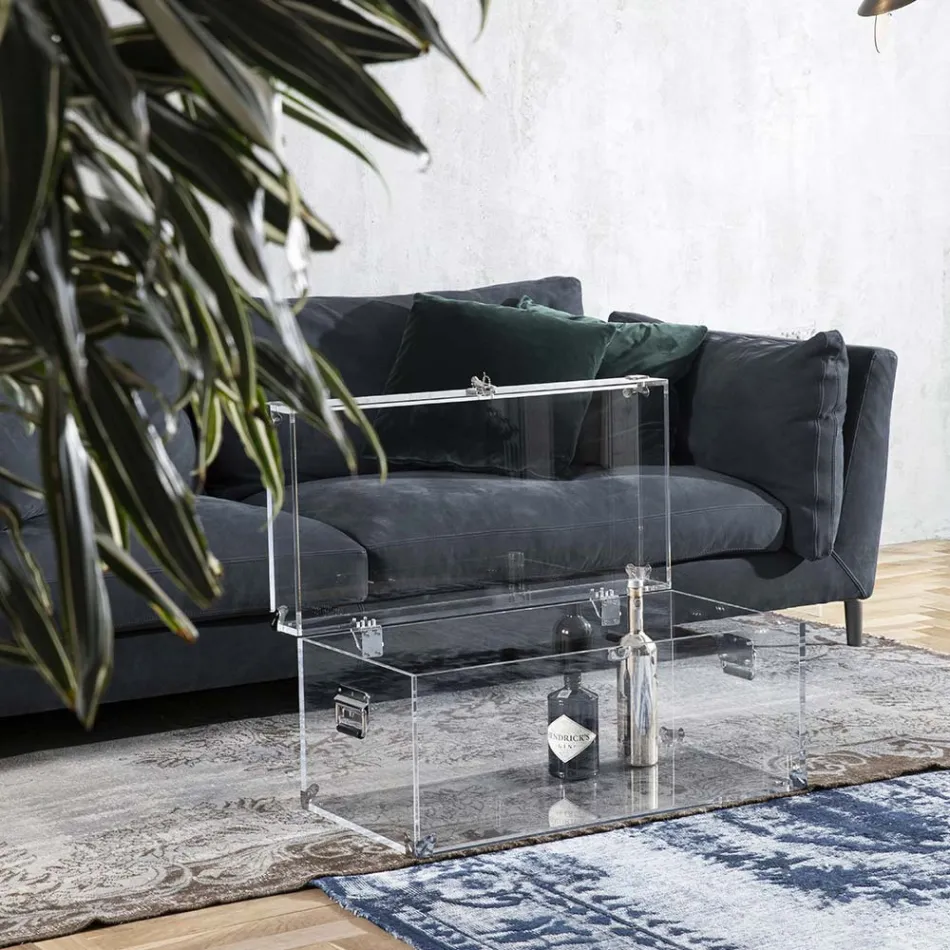 Baú Design em Cristal Acrílico Transparente e Aço Moderno - Dante Viadurini
