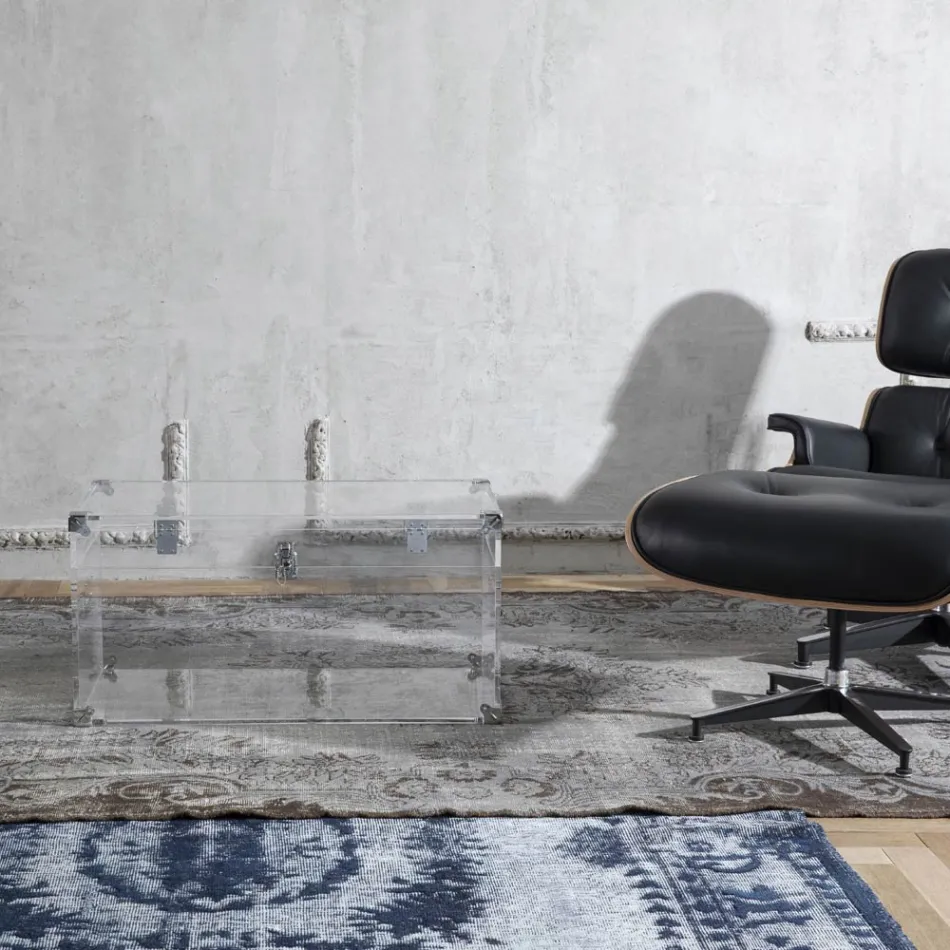 Baú Design em Cristal Acrílico Transparente e Aço Moderno - Dante Viadurini