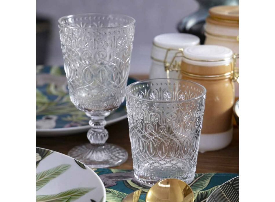 Copos de vinho de vidro transparente decorado 12 taças de design - Maroccobic Viadurini