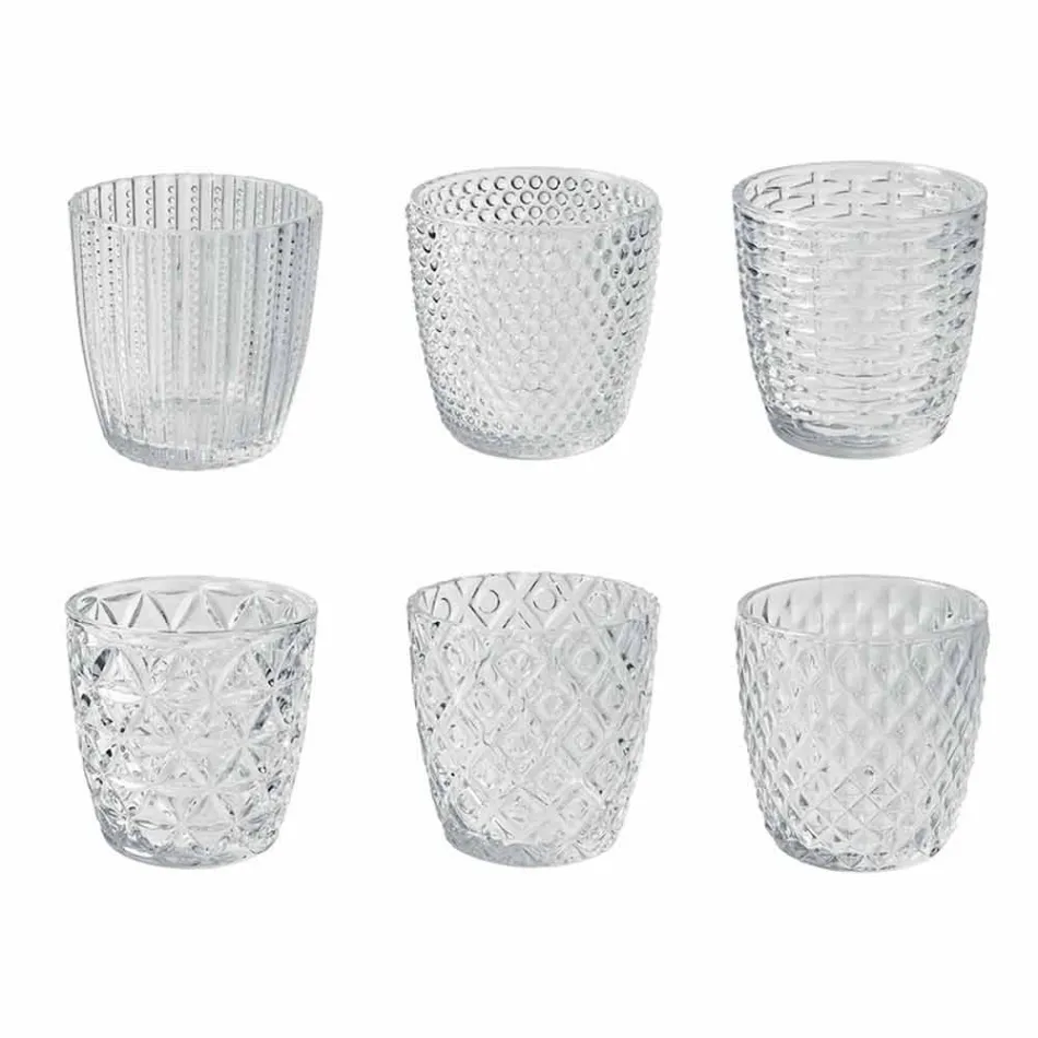 Copos de vidro transparentes decorados, serviço de água moderno 12 peças - mistura Viadurini