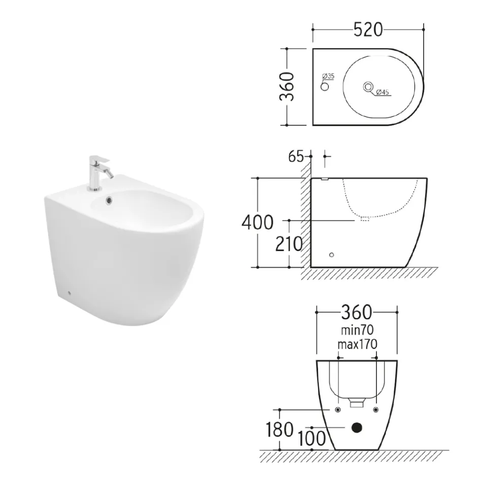 Bidê de chão Aster com furo único, em cerâmica branca durável e design moderno. Viadurini