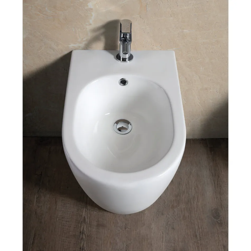 Bidê de chão Aster com furo único, em cerâmica branca durável e design moderno. Viadurini