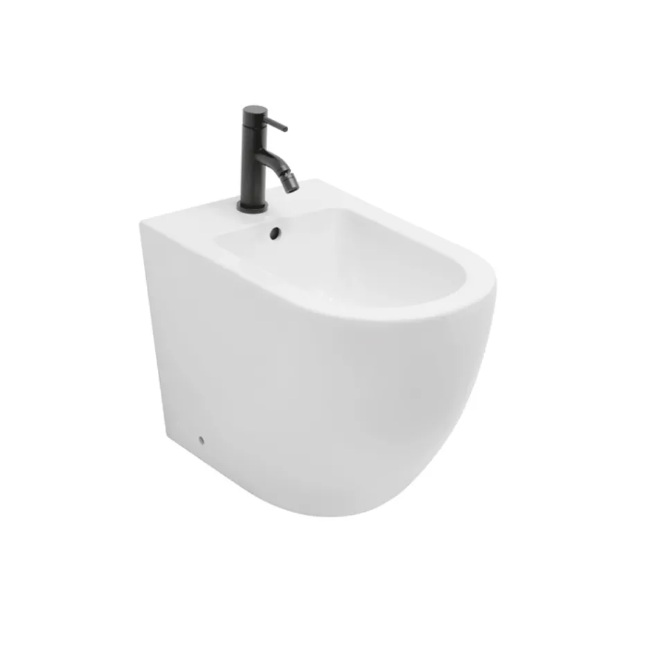 Bidê de chão com um único orifício, em cerâmica branca resistente e com design moderno - Olmo Viadurini