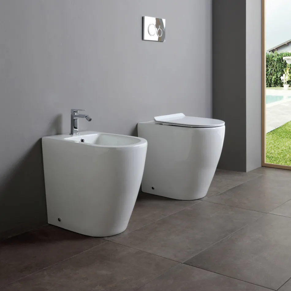 Bidê monocomando com ralo deslocado em cerâmica com design moderno - Oleandro  Viadurini