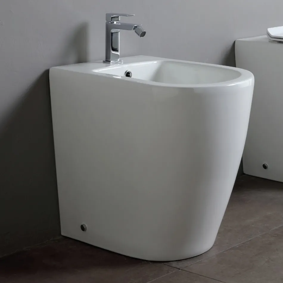 Bidê monocomando com ralo deslocado em cerâmica com design moderno - Oleandro  Viadurini