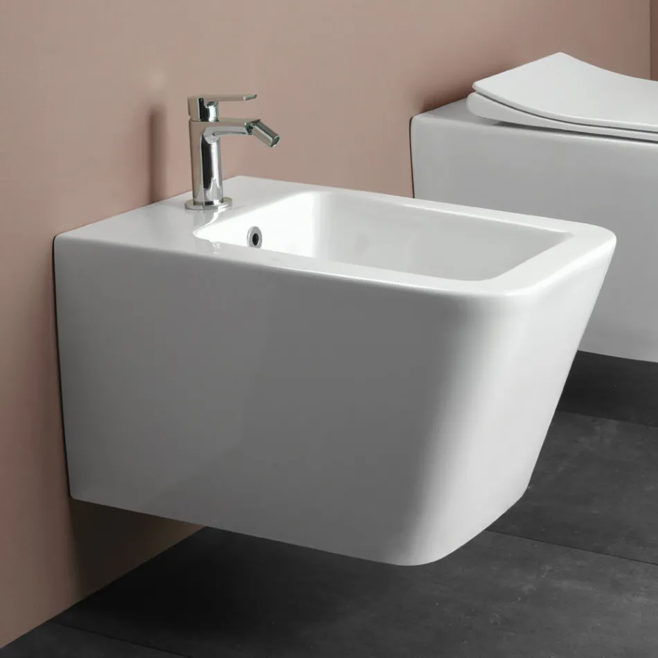 Bidê de parede com furo único em cerâmica branca com design moderno e elegante - Giunco Viadurini