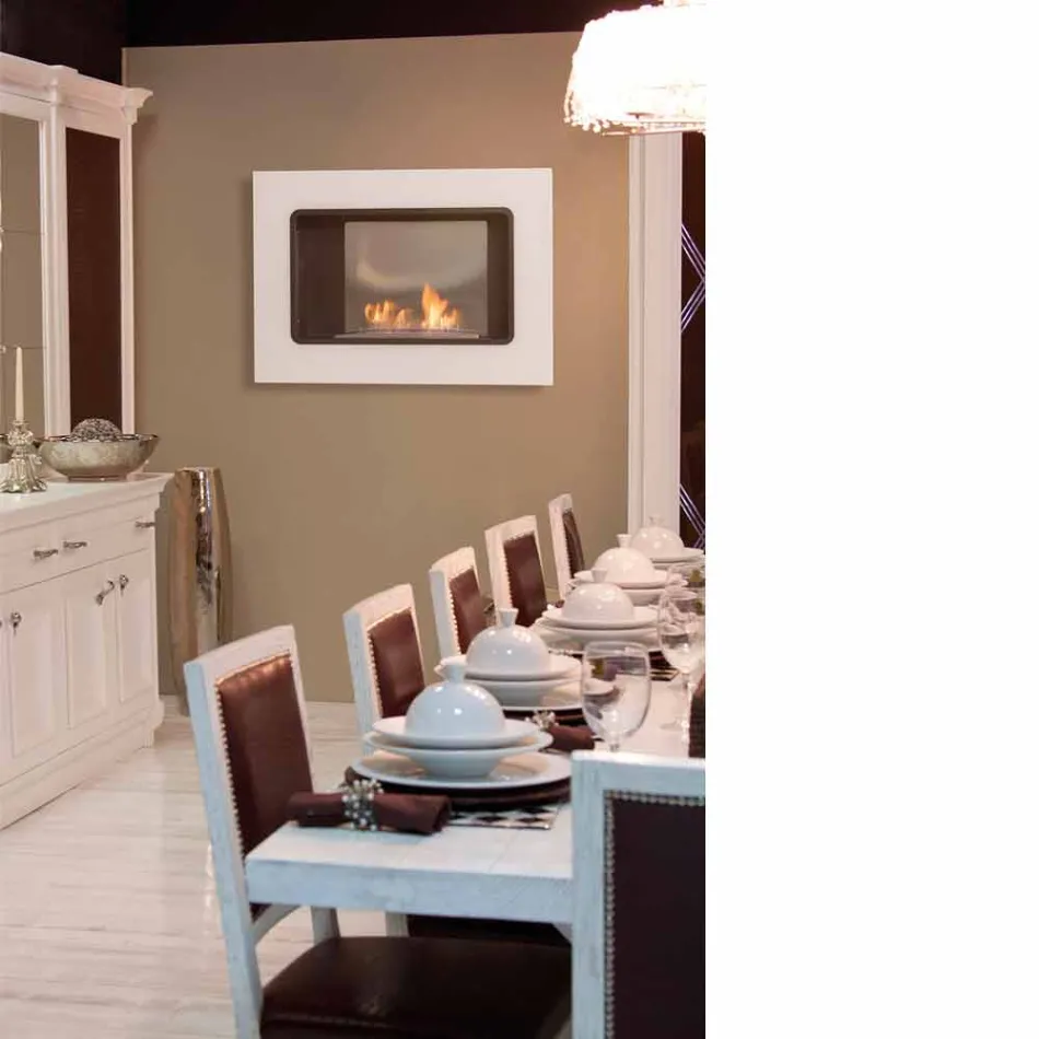 Lareira de parede branca Bio com design moderno com inserção de vidro Erica Viadurini