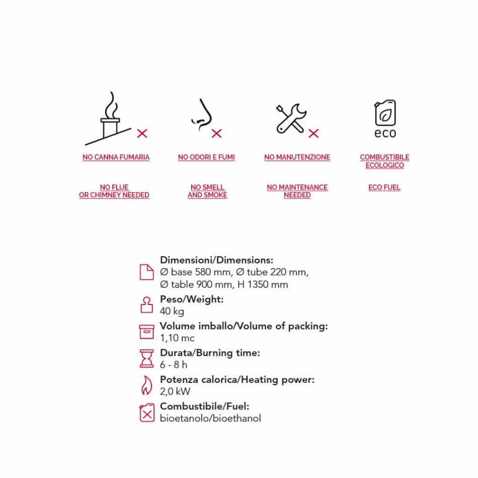 Bioetanol de exterior Biocamino com tampo de vidro Dean-Table Viadurini